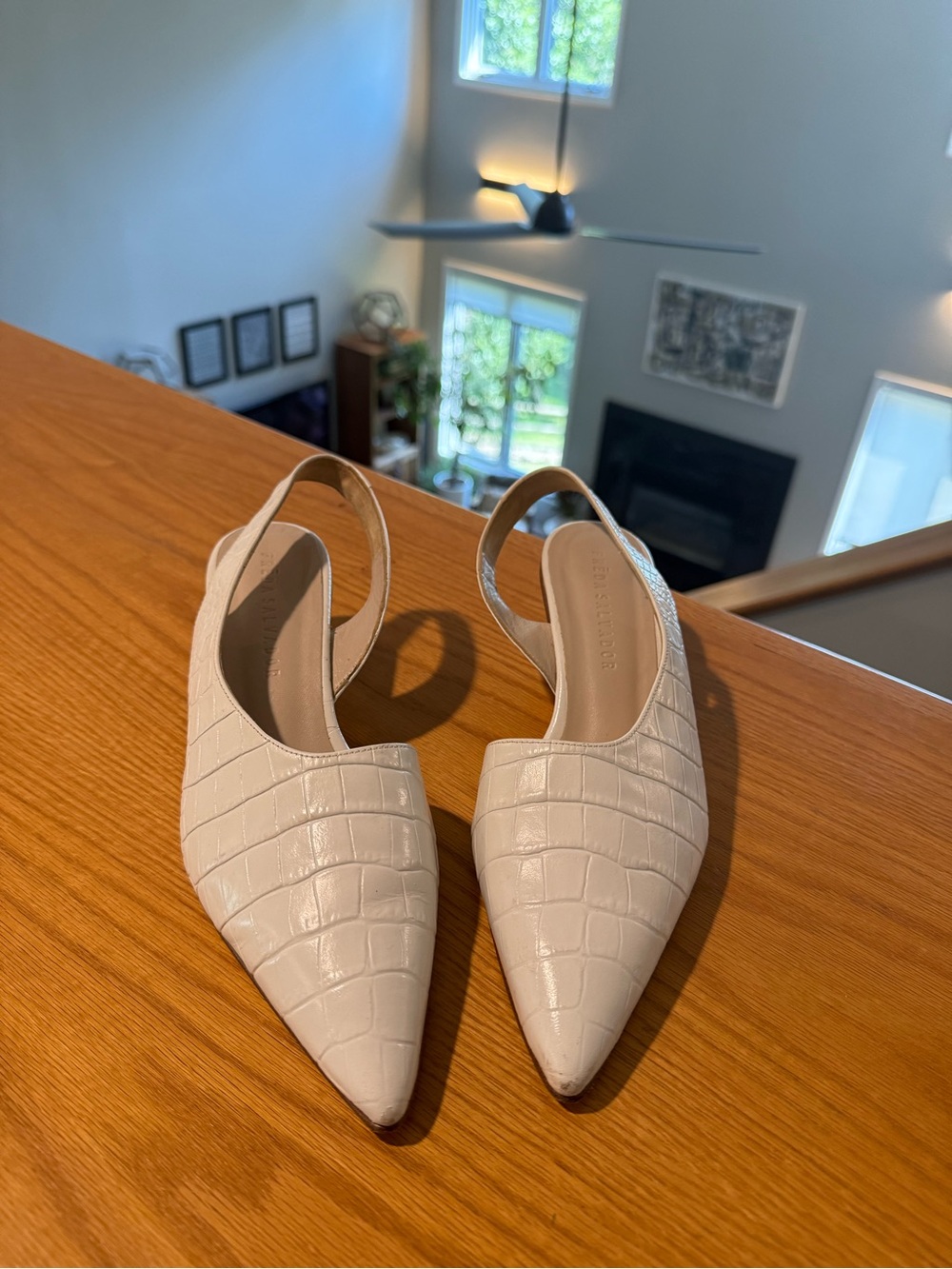 Freda Salvador White Croc-Embossed Pointed Slingback Heels